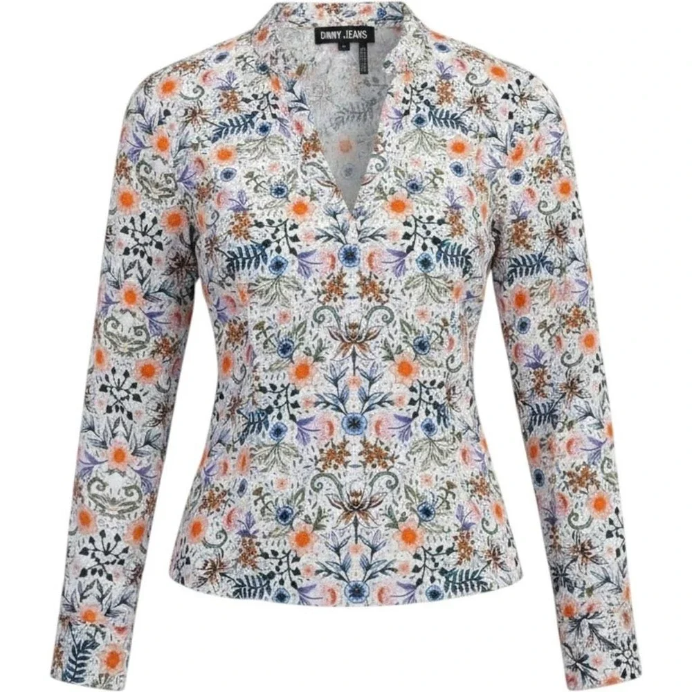 DKNY Jeans Womens Floral V-Neck Blouse Long Sleeve Orange Blue White Top L - Picture 1 of 4